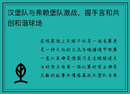 汉堡队与弗赖堡队激战，握手言和共创和谐球场