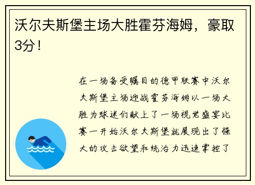 沃尔夫斯堡主场大胜霍芬海姆，豪取3分！